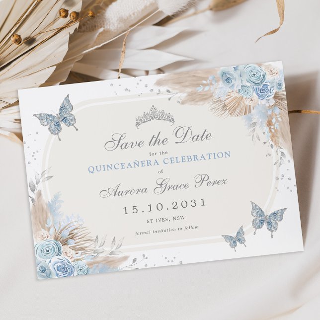Boho Blue Silver Floral Quinceanera Save the Date Announcement (Creator Uploaded)