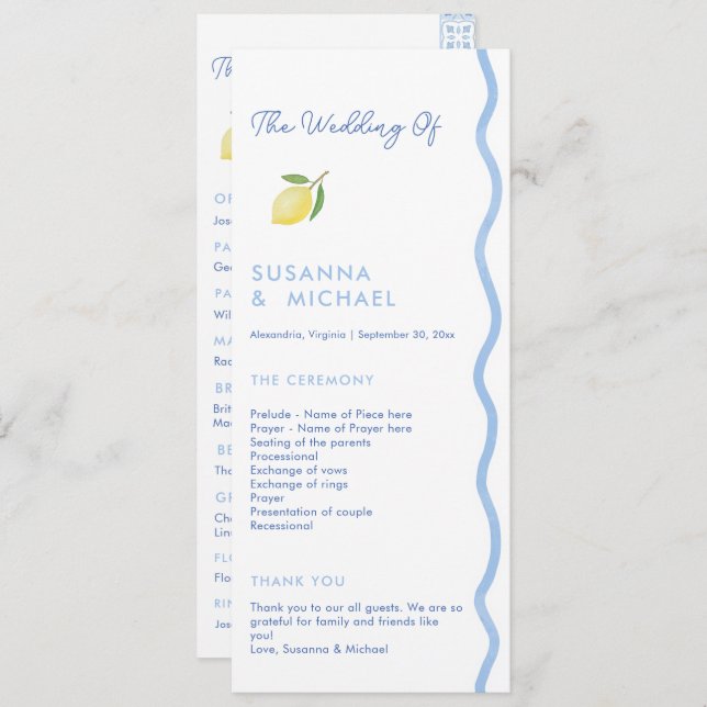 Boho Blue Squiggle Border Lemon Wedding Program (Front/Back)