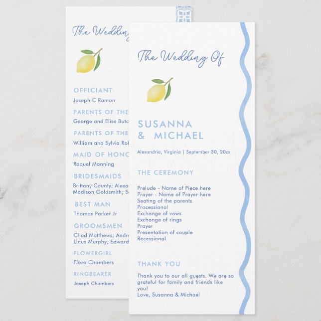 Boho Blue Squiggle Bordure Lemon Wedding Programme (Devant / Derrière)