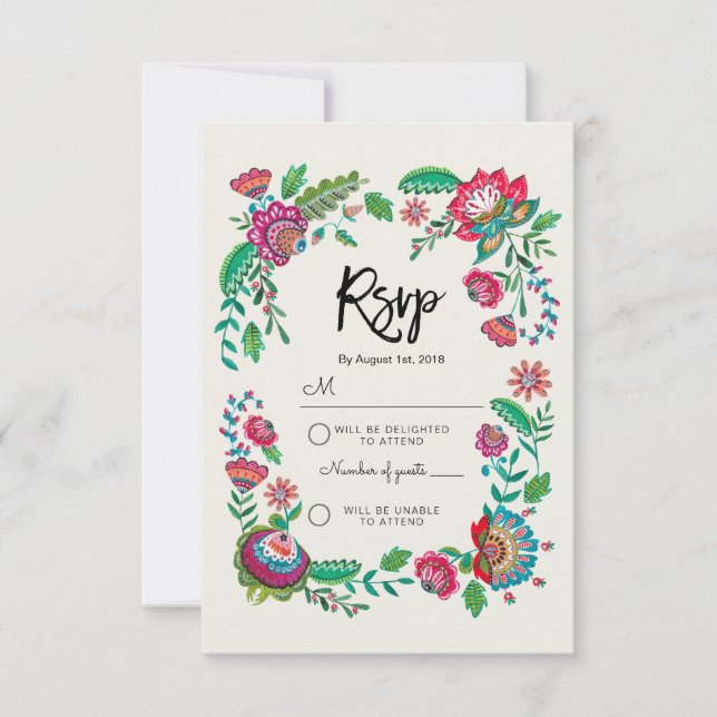 Boho Blue Stripe Folk Flowers | Rsvp Reply Wedding Card (Front)