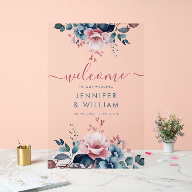 Boho Blue Summer Garden Floral Wedding Welcome Acrylic Sign (Wedding)