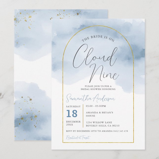 Boho Blue The Bride is on Nine Cloud Bridal Shower Invitation (Front/Back)