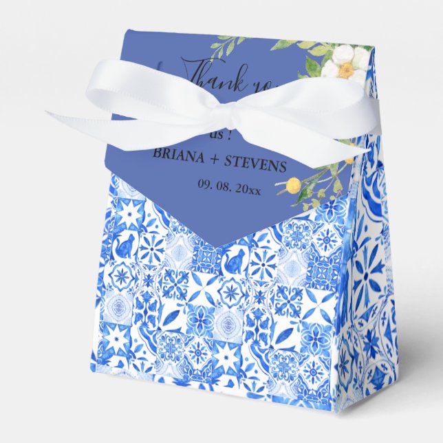 Boho Blue tile and Lemon Arch wedding Thank You   Favor Box (Front Side)