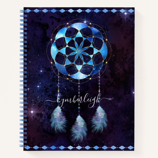 Boho Blue Tribal Celestial Mandala Dreamcatcher Notebook (Front)