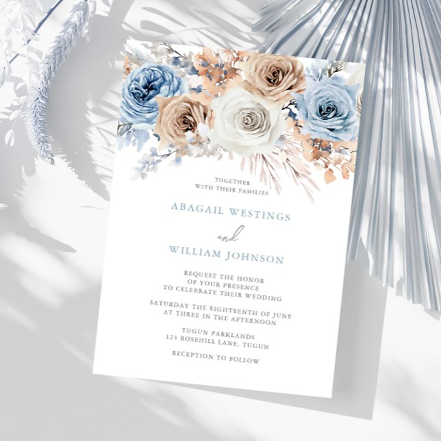 Boho Blue: Watercolor Blue Bohemian Floral Wedding Invitation (Creator Uploaded)