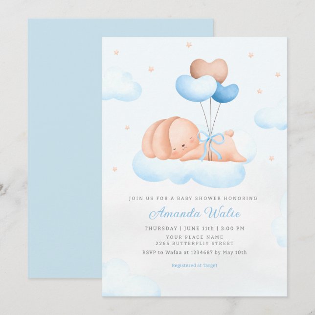 Boho Blue Watercolor Cute Balloon Boy Baby Shower Invitation (Front/Back)