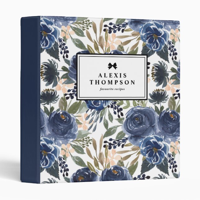 Boho Blue Watercolor Floral Pattern Personalized Binder (Front/Spine)