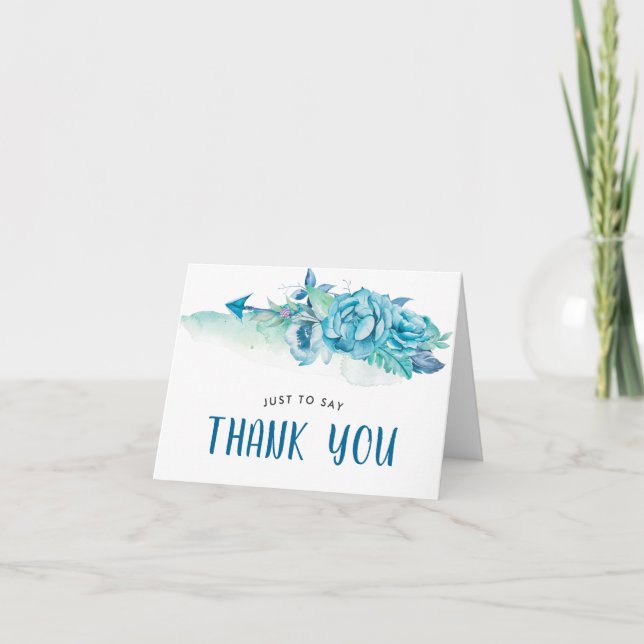 Boho Blue Watercolor Floral Thank You Card (Front)