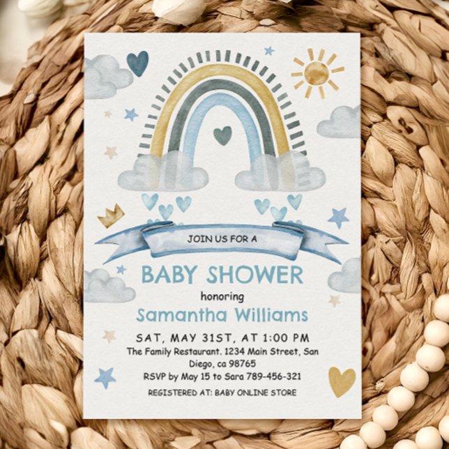 Boho Blue Watercolor Rainbow Baby Shower Invitation (Creator Uploaded)