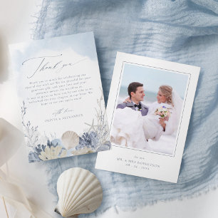 Boho Blue Watercolor Shells Beach Wedding Photo Thank You Card