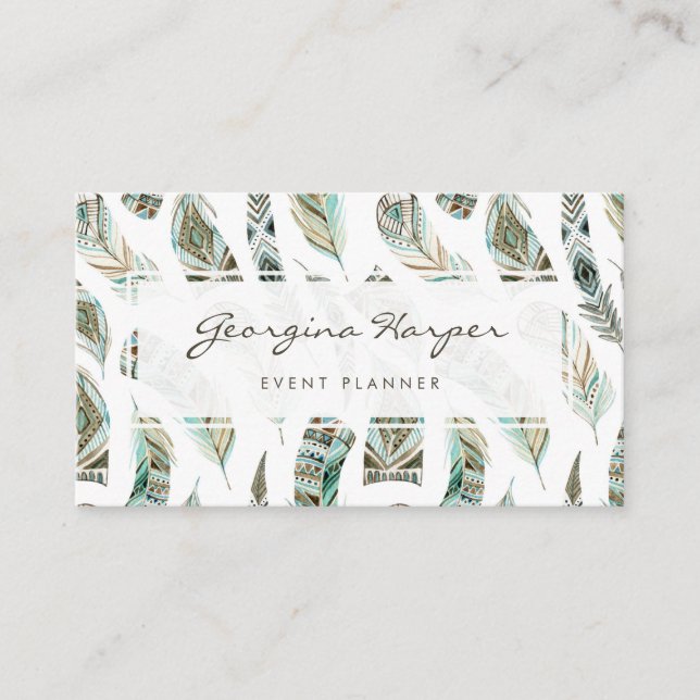 Boho Blue Watercolor Tribal Feathers Pattern Business Card (Front)