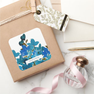 Boho Blue Watercolor Wildflowers Monogrammed Square Sticker