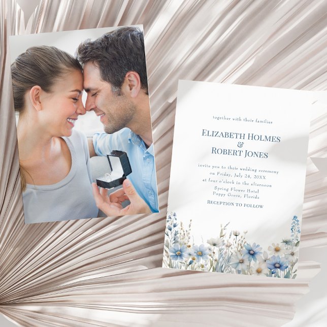 Boho Blue Watercolor Wildflowers & Photo Wedding Invitation (Boho Blue Watercolor Wildflowers & Photo Wedding Invitation on a sunny neutral dry palm leaf.)