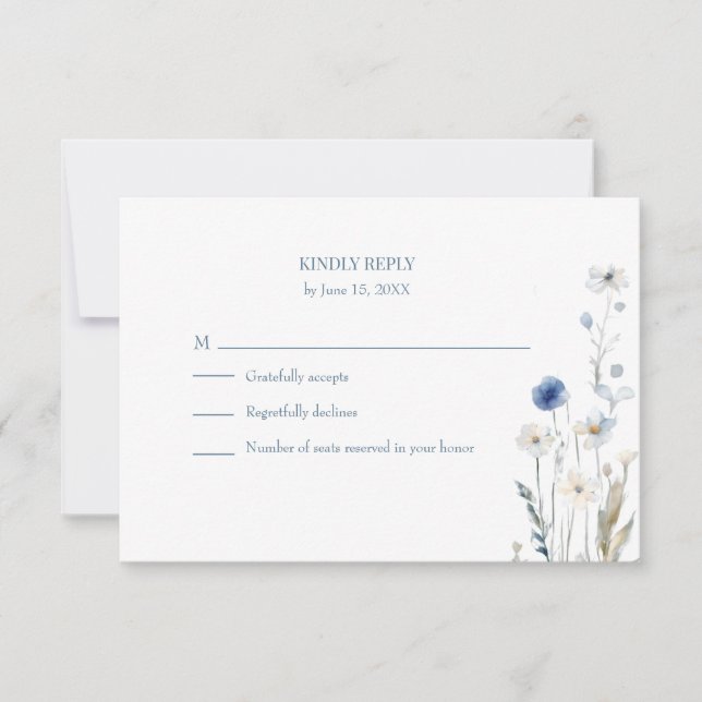 Boho Blue Watercolor Wildflowers Wedding RSVP Card (Front)