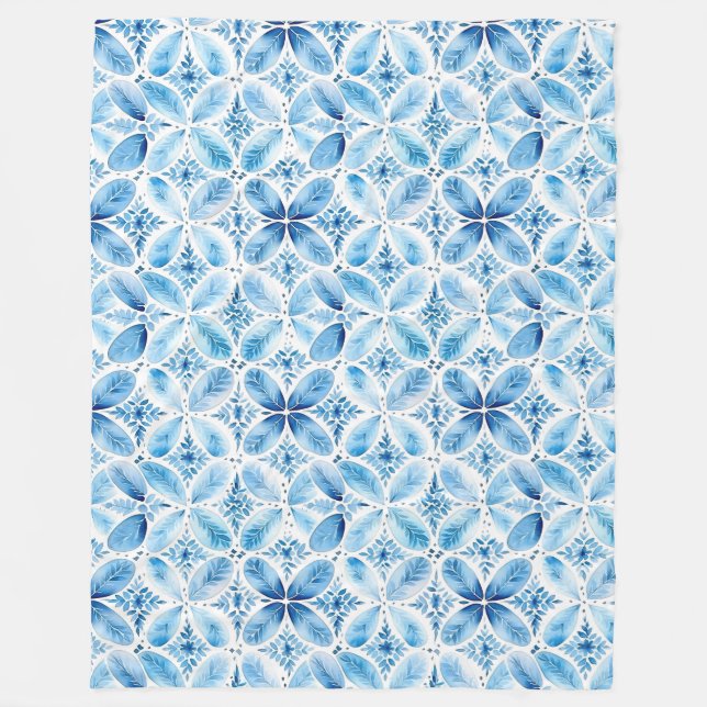 Boho Blue White Floral Abstract Fleece Blanket (Front)