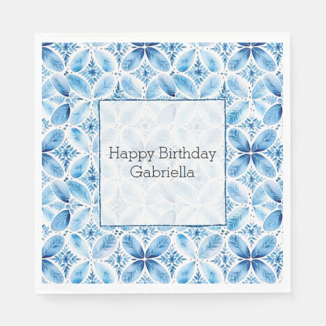 Boho Blue White Floral Abstract Napkin (Front)