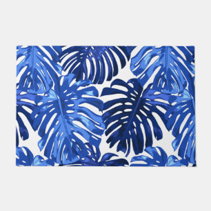 Boho Blue White Tropical Leaves Pattern Doormat