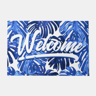 Boho Blue White Tropical Leaves Script Welcome Doormat