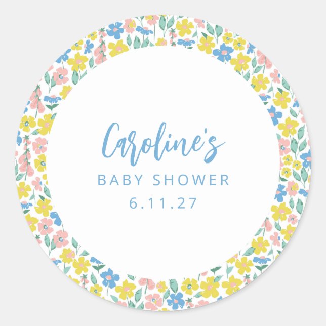 Boho Blue Yellow Ditsy Floral Custom Baby Shower Classic Round Sticker (Front)