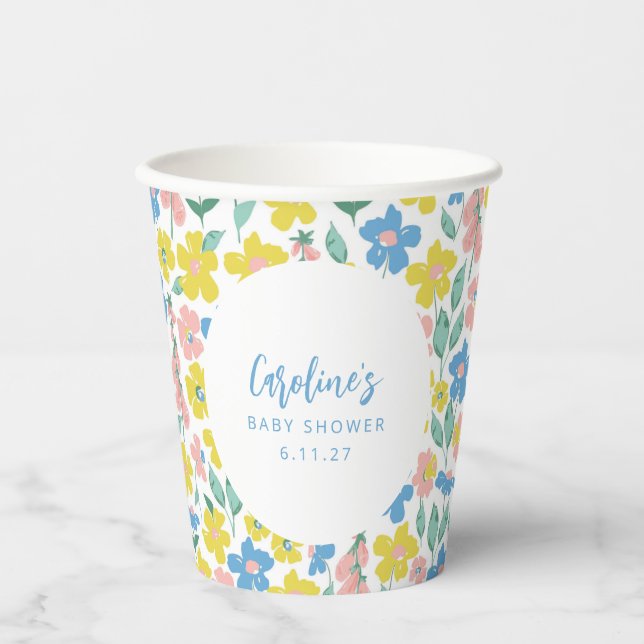 Boho Blue Yellow Ditsy Floral Custom Baby Shower Paper Cups (Front)