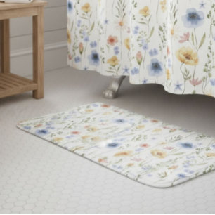 Boho Blue Yellow Pink Wildflower Watercolor Bath Mat