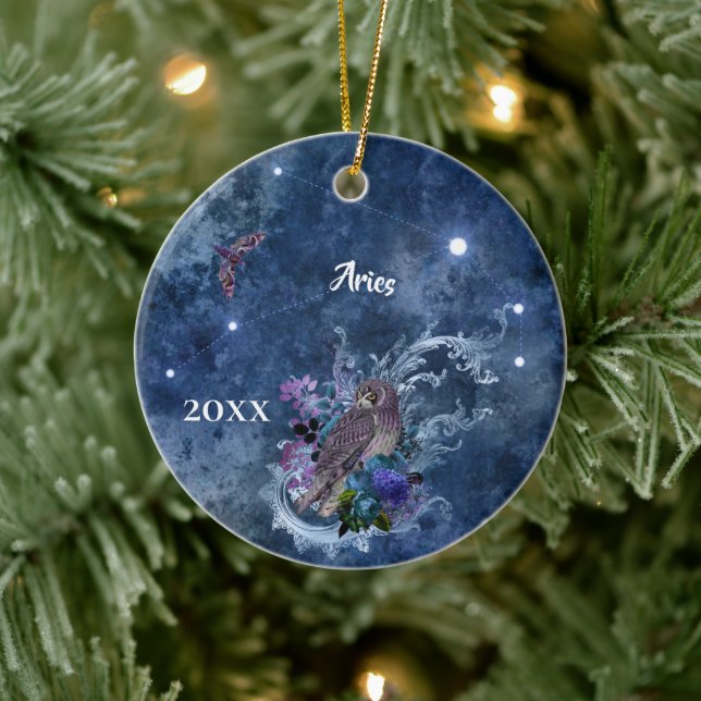 Boho Blue Zodiac Aries Constellation Ceramic Ornament (Tree)