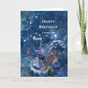 Boho Blue Zodiac Pisces Constellation Birthday Card