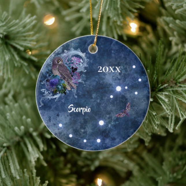Boho Blue Zodiac Scorpio Constellation Ceramic Ornament (Tree)