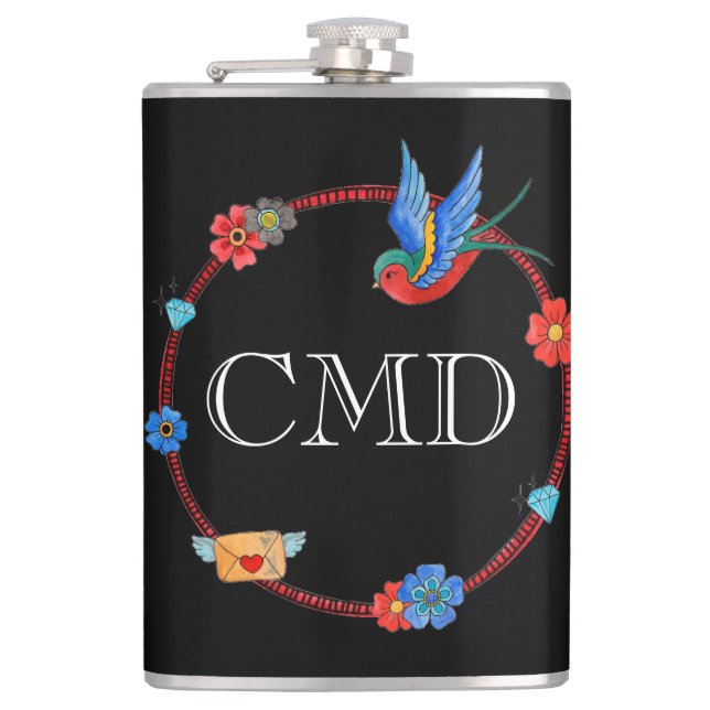 Boho Bluebird Customizable Flask (Front)