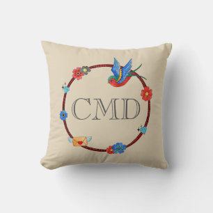 Boho Bluebird Monogram Throw Pillow