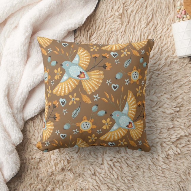 Boho Bluebird Pattern on Brown Throw Pillow (Blanket)