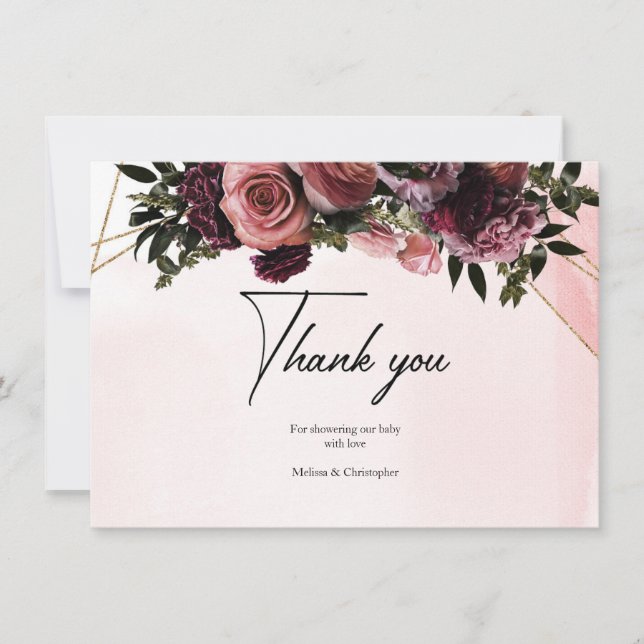 Boho blush and burgundy flowers roses gold frame thank you card (Front)