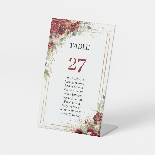 Boho blush and burgundy roses gold Table Number Pedestal Sign (Front)