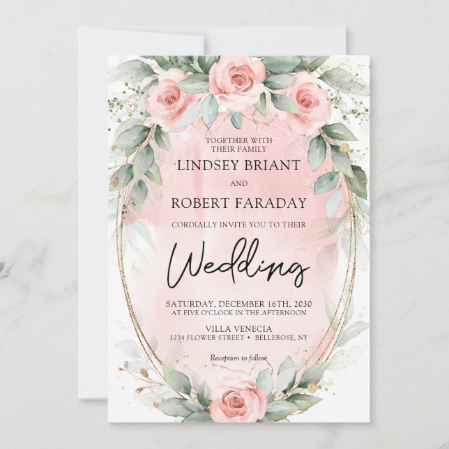 Boho blush and greenery and faux gold oval  invitation (Front)