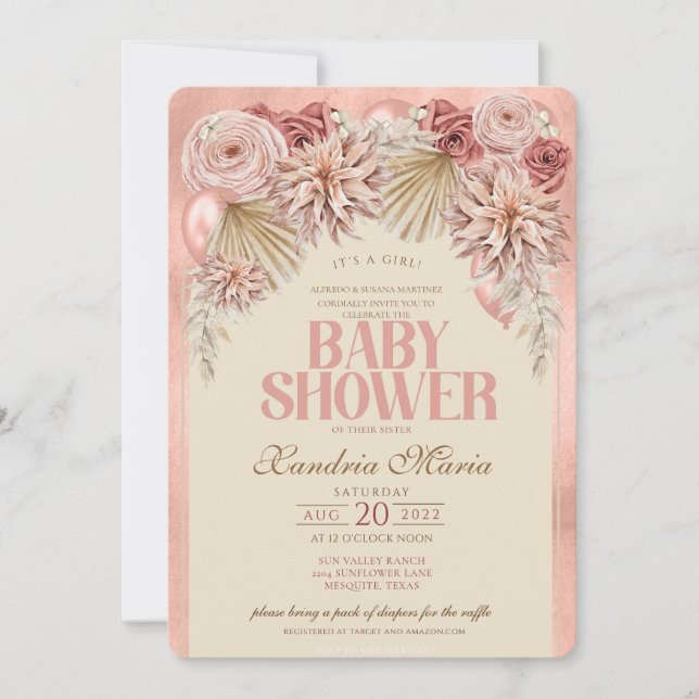 Boho Blush Beige séché Rose Baby shower invitation (Devant)