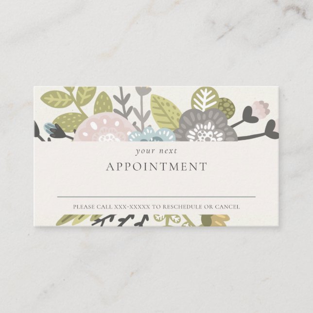 Boho Blush Blue Green Floral Appointment Reminder Business Card (Front)