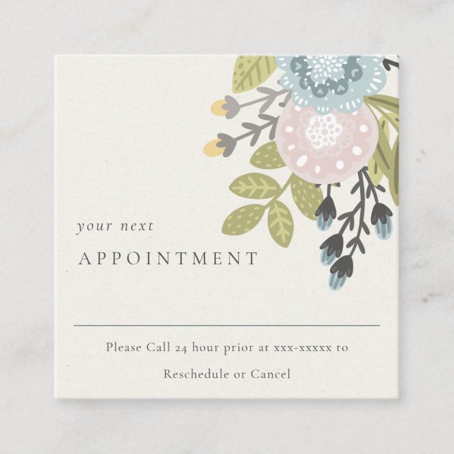 Boho Blush Blue Green Floral Appointment Reminder Square Business Card (Front)
