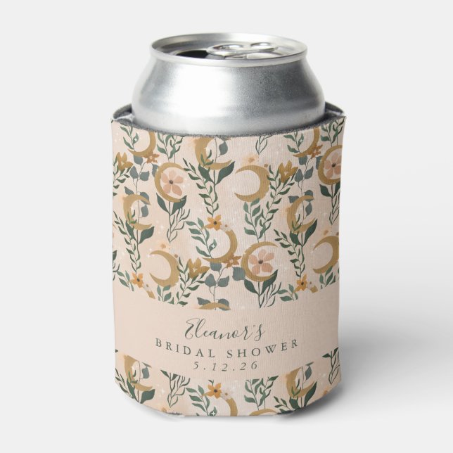 Boho Blush Botanical Moon Custom Bridal Shower Can Cooler (Can Front)