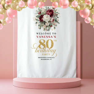 Boho Blush Burgundy 80th Birthday Backdrop Tapestry
