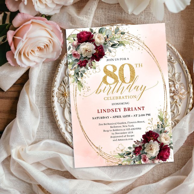 Boho Blush Burgundy Floral 80th Birthday Invite (Boho Blush Burgundy Floral 80th Birthday Invitation)