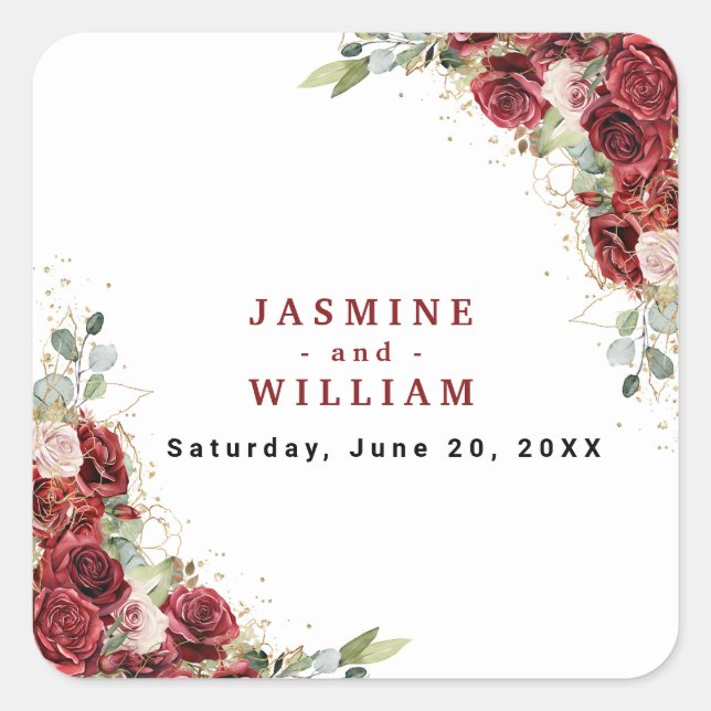 Boho Blush Burgundy Floral Gold Geometric Wedding Square Sticker (Front)