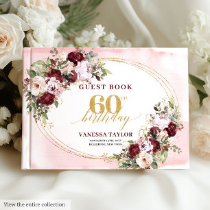 Boho Blush Burgundy Gold Roses 60th Birthday Guest Book