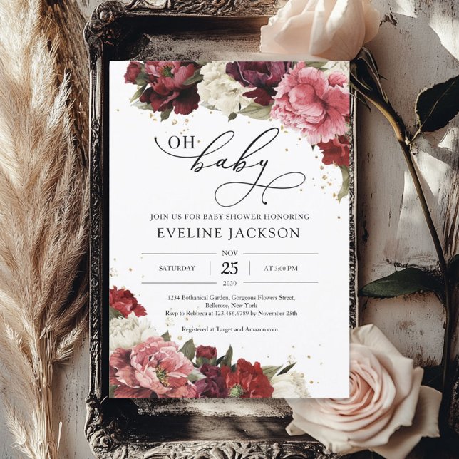 Boho Blush burgundy mauve flowers peonies gold Invitation (Boho Blush burgundy mauve flowers peonies gold Invitation)