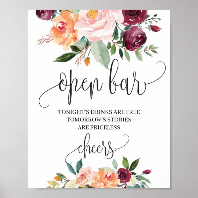 Boho Blush burgundy orange floral open bar sign (Front)