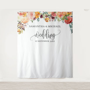 Boho Blush burgundy orange floral wedding backdrop Tapestry