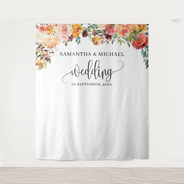 Boho Blush burgundy orange floral wedding backdrop Tapestry (Front)