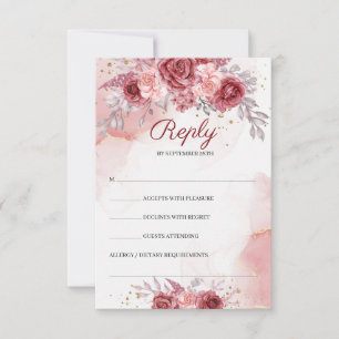 Boho Blush Burgundy Roses Flowers Gold Wedding RSVP Card