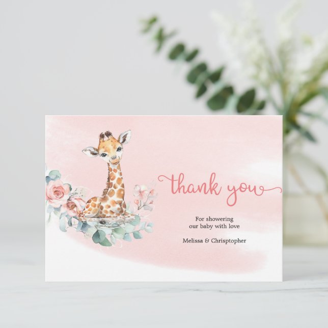 Boho Blush floral baby giraffe eucalyptus wreath Enclosure Card (Standing Front)