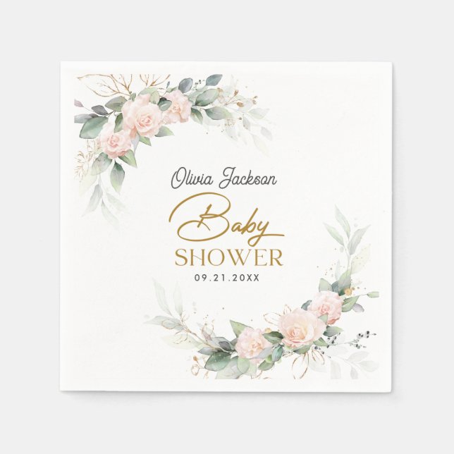 Boho Blush Floral Eucalyptus Frame Baby Shower Napkin (Front)