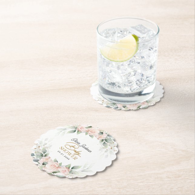 Boho Blush Floral Eucalyptus Frame Baby Shower Paper Coaster (Insitu)